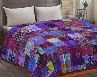 Hippie Kantha Quilt Handwoven Soft Cotton Reversible Bedspread Vintage Sari Running Stitch Blanket Boho Home Decor Gift