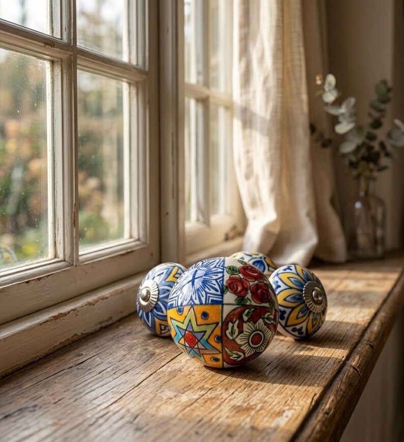 以下が含まれることがあります： 木製の窓枠に、カラフルな花柄と幾何学模様の装飾的なセラミックキャビネットノブが4つ置かれています。ノブは青、黄、赤、白のデザインで、家の装飾に芸術的な雰囲気を添えています。
