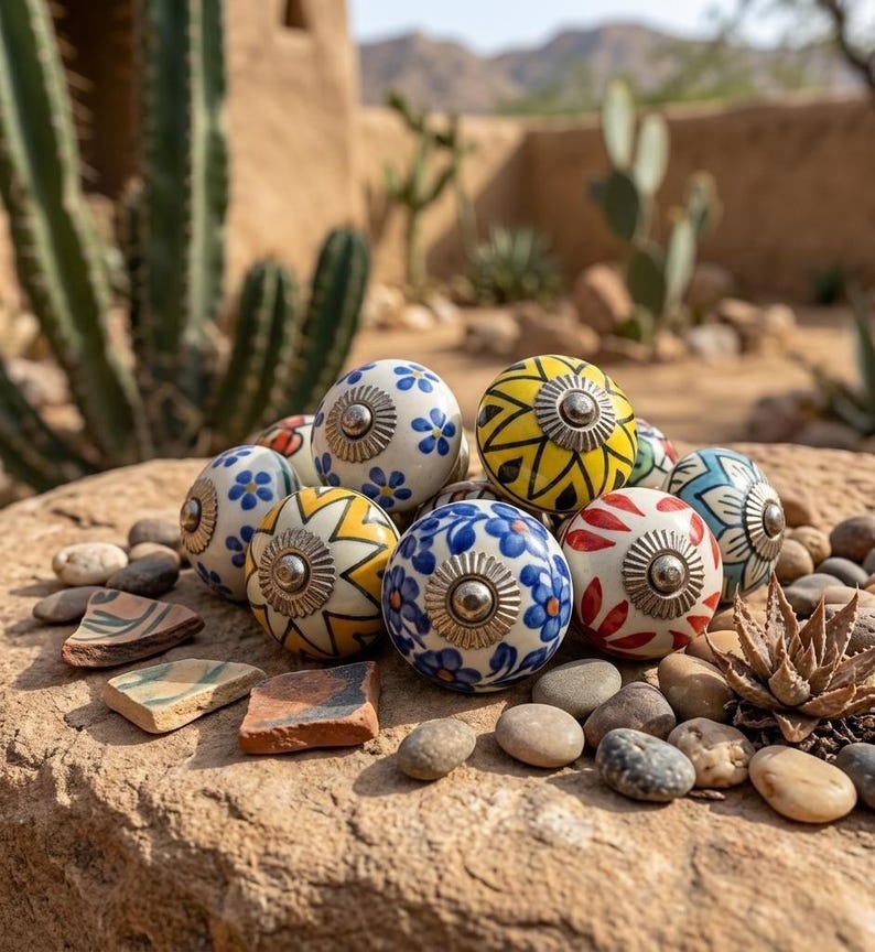 以下が含まれることがあります： 青い花柄や黄色のジグザグ模様など、様々な模様が施された装飾的なセラミック製のキャビネットノブのコレクション。ノブは、小さな石や砂漠の植物を背景に、石の表面に展示されています。