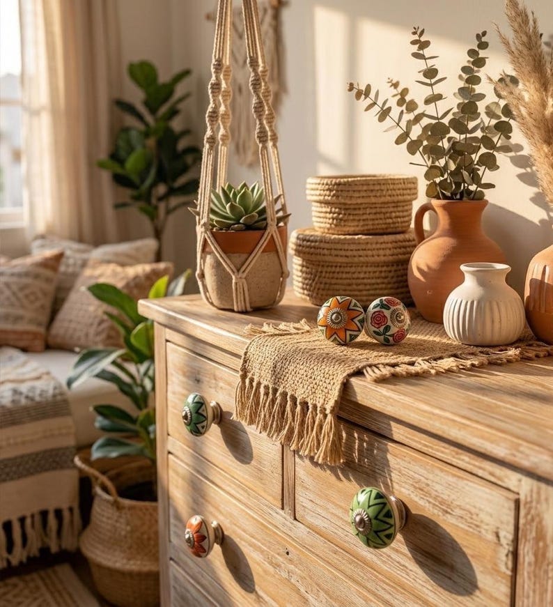 以下が含まれることがあります： 装飾的なノブ、吊り下げられた植物、さまざまな家の装飾品を備えた木製のドレッサー。 ドレッサーは天然木仕上げで、カラフルなノブが付いています。 マクラメのプラントハンガーには鉢植えの多肉植物が入っています。 織りのバスケットと花瓶も展示されています。