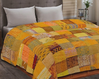 Authentic Kantha Gudari Blanket Traditional Indian Patchwork Quilt Upcycled Sari Cotton Bed Cover Bohemian Bedroom Accent