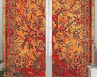 Indian Mandala Warm Toned Nature Curtain Pair, Sunset Tree of Life Drapes, Rustic Bohemian Home Decor Autumn Boho Panels