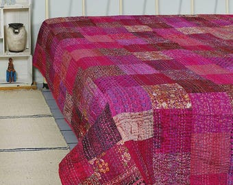 Colorful Vintage Kantha Quilt Cotton Rustic Gudari Indian Patchwork Boho Bedspread Throw Blanket