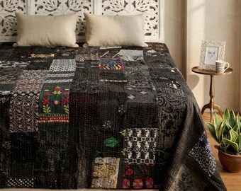 Black Kantha Quilt, Patchwork Indian Bedspread , Boho Handmade Throw, Ethnic Dark Bedding
