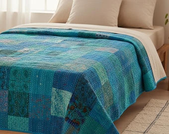 Luxury Handmade Kantha Quilt, Vintage Silk Patchwork Boho Bedspread, Cottage core Throw, Ethical Indian Artisan Gift