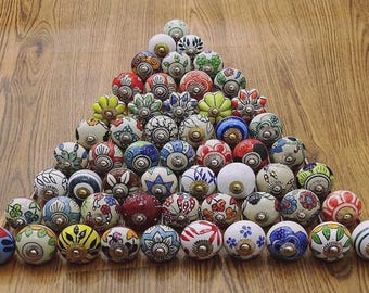 手描きセラミックノブ、花柄食器棚金具、キャビネット用装飾取っ手、ヴィンテージドレッサーノブ