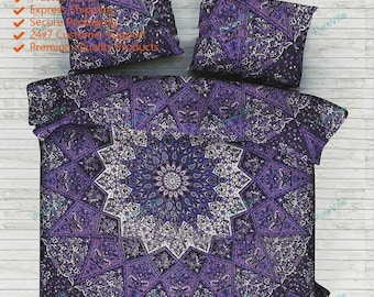 Purple Mandala Duvet Cover Set, Boho Chic Bedding, Spiritual Hippie Decor, Indian Art Comforter with Pillow Cover