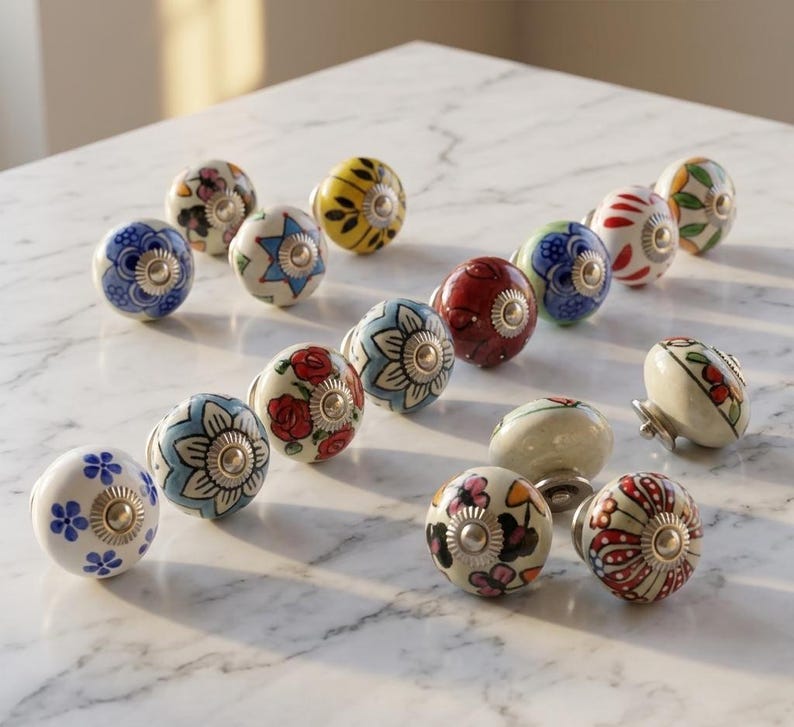 以下が含まれることがあります： 様々な色と模様の装飾的なセラミックキャビネットノブのコレクション。デザインには、花柄、幾何学模様、抽象的なモチーフが含まれます。各ノブは金属製のベースとユニークな塗装デザインを備えています。