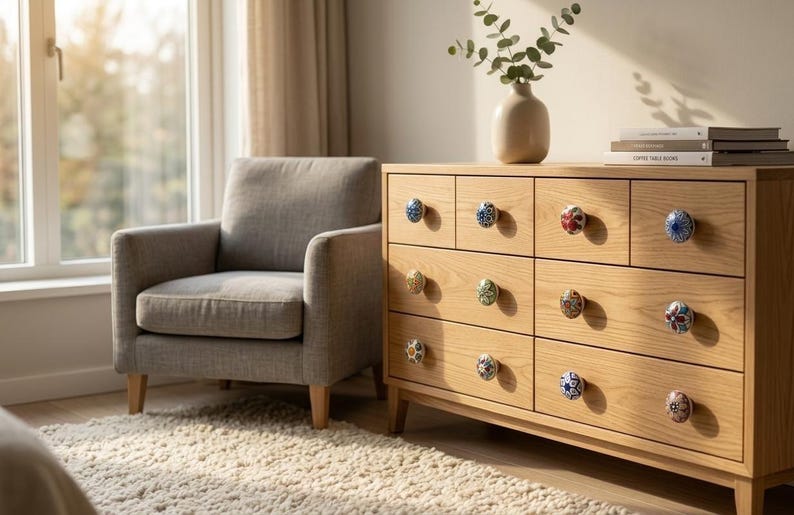 以下が含まれることがあります： 9つの引き出しが付いた明るい木製のドレッサー。各引き出しには、ユニークでカラフルなセラミックノブが付いています。左側には灰色のアームチェアがあり、ドレッサーの上には緑のある花瓶が置かれています。部屋は自然光で満たされています。