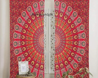 Indian Mandala Curtains Set of 2 Bohemian Tapestry Door Panels Red Peacock Boho Window Drapes  Hippie Room Decor | Handmade Cotton