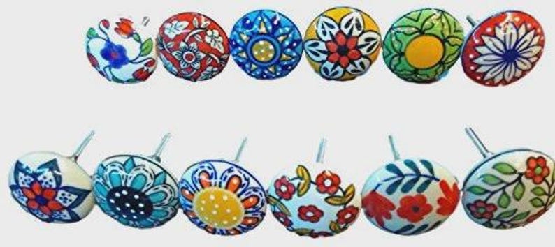 Decorative Ceramic Door Knobs Set, Multicolor Cabinet Pulls, Boho Drawer Knobs, Hand Painted Kitchen Furniture Hardware image 1