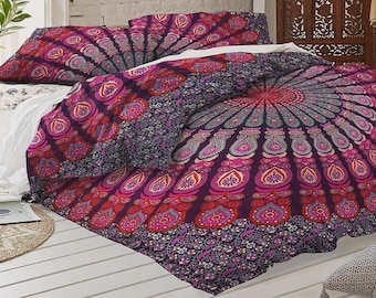 Juego de funda nórdica Boho Mandala con fundas de almohada, ropa de cama floral colorida, juego de cama Boho de algodón, funda nórdica Mandala india, decoración de dormitorio