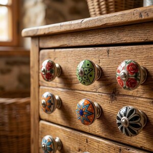 以下が含まれることがあります： カラフルなセラミックノブが付いた木製のドレッサー。ノブには、バラ、幾何学模様、花柄など、さまざまなデザインが施されています。赤、緑、オレンジ、青、黒の色合いです。
