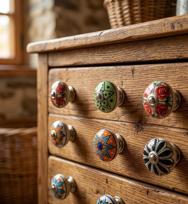以下が含まれることがあります： カラフルなセラミックノブが付いた木製のドレッサー。ノブには、バラ、幾何学模様、花柄など、さまざまなデザインが施されています。赤、緑、オレンジ、青、黒の色合いです。