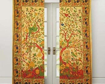 Indian Tree of Life Curtain Panel Set Bohemian Door Curtains Handmade Curtains Boho Indian Wall Hanging Yellow Floral Bird Curtains