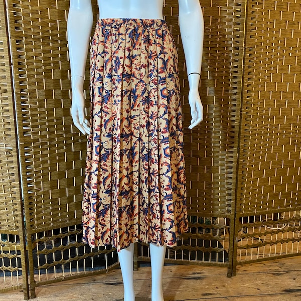 Vintage 80s yellow blue and orange pleated midi skirt by Eastex size 16