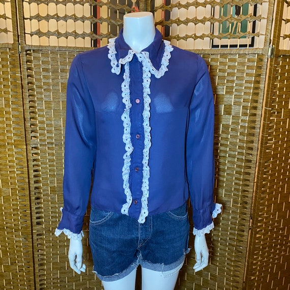 Vintage 70s navy blue sheer blouse with white lac… - image 1
