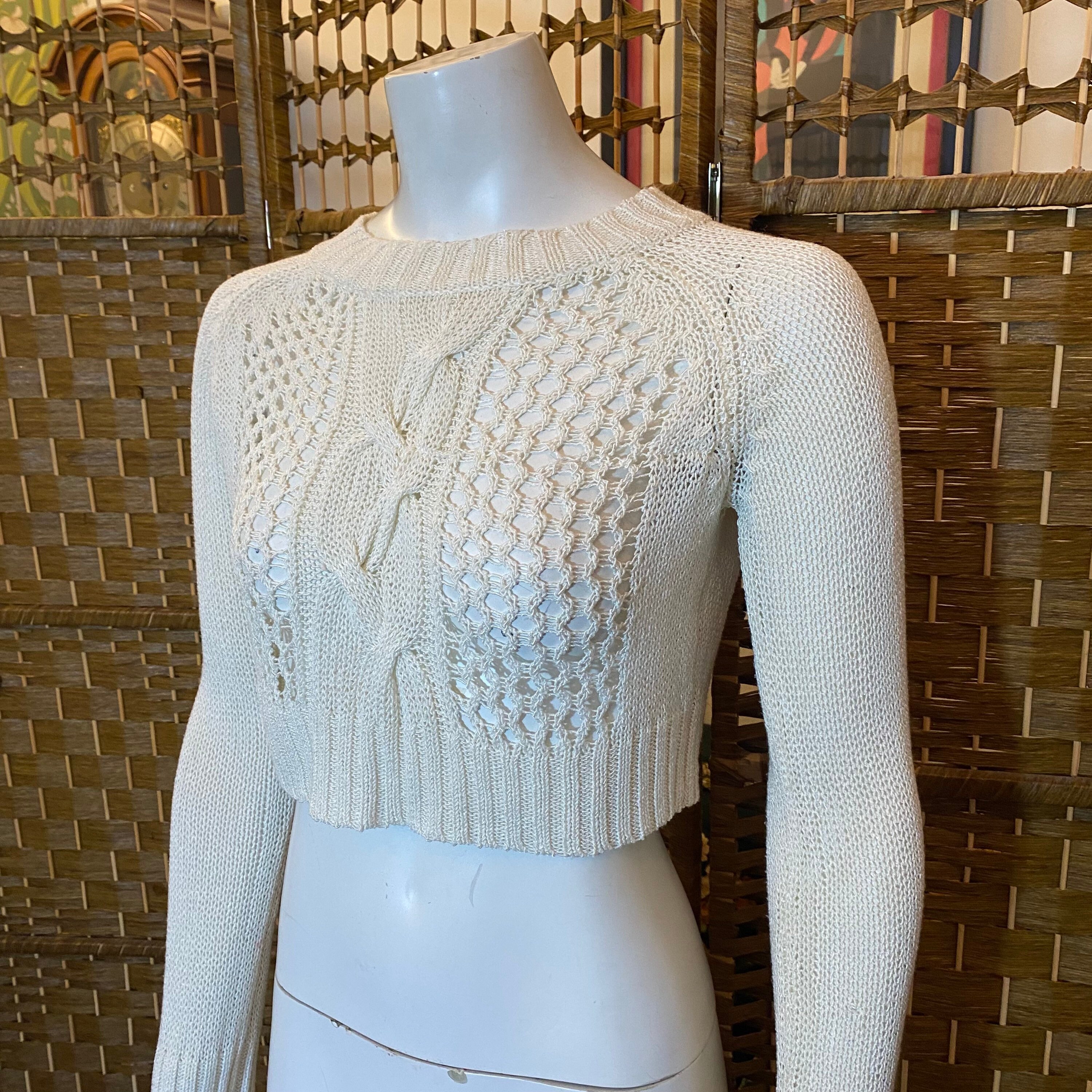 Vintage 90s White Cropped Crochet Jumper by Miss Selfridge Size