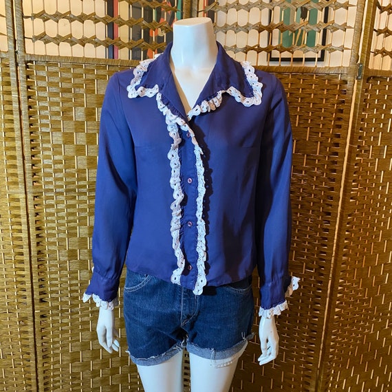 Vintage 70s navy blue sheer blouse with white lac… - image 2