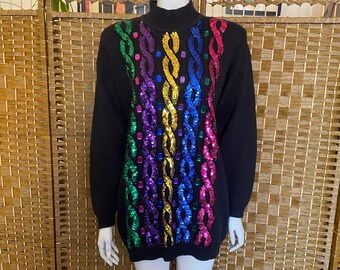 Vintage 80s black heavily sequinned jumper with jewels rainbow coloured size medium