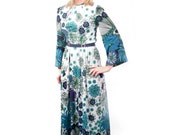 Elmoor of London 70s Floral Print Hippy Festival Maxi Dress Flared Wizard Sleeves Belted Waist Green Blue Purple White