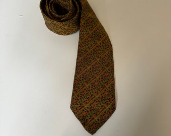 Vintage 70s Terylene Geometric Tie Yellow Brown Green Orange