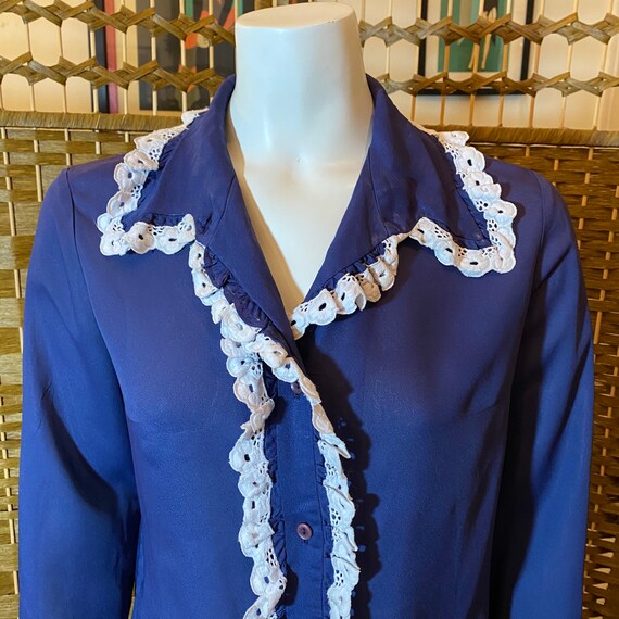 Vintage 70s navy blue sheer blouse with white lac… - image 3