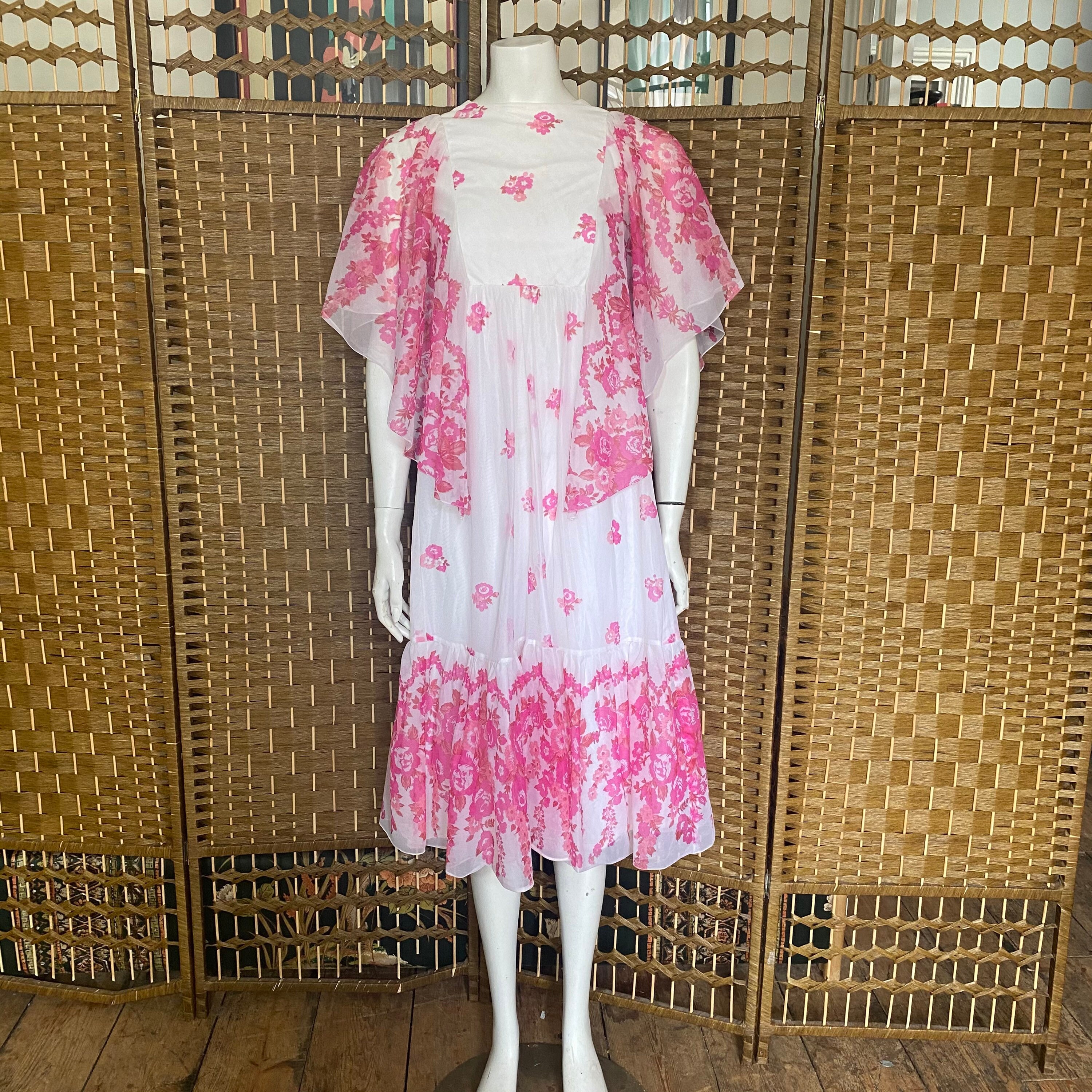 Vintage 70s Nylon Pink and White Floral Dress Angel Wing Sleeves Small ...