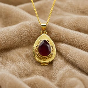 Ruby Teardrop Locket Necklace, Gold Locket Pendant, Vintage Style Photo Locket, Red Gemstone Necklace, Romantic Gift for Her