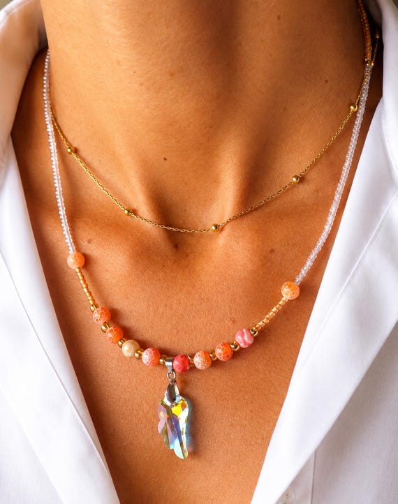 Angel Wing Necklace Set | Fire Agate & Crystal Pendant | Bali Artisan Jewelry | Limited Edition
