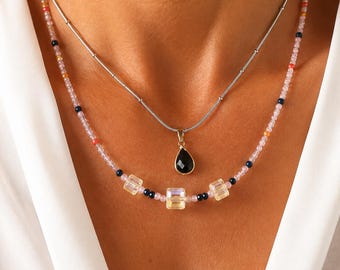 Zwarte waterdruppel kettingenset | Geometrisch kristalontwerp | Balinese handgemaakte sieraden | Limited Edition