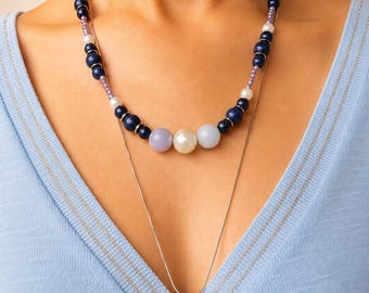 Angeliet en lapis lazuli | Oceaanblauwe kettingset | Ambachtelijke Balinese sieraden | Beperkte oplage