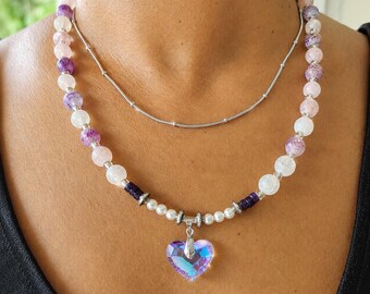 Conjunto de collar de amatista / Colgante de cristal y ágata craquelada / Joyería artesanal de Bali / Edición limitada
