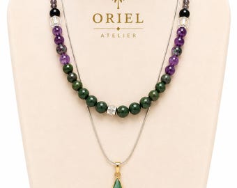 Mosagaat & Amethist Ketting Set, Groene Druppelhanger, Gelaagde Edelsteen Sieraden, Handgemaakt in Bali