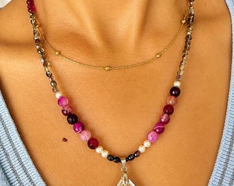 Conjunto de collar de ágata rosa estilo bohemio / Collar con colgante de cristal / Joyería artesanal balinesa / Edición limitada