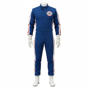 May include: Blue racing jumpsuit with white and red stripes down the sleeves and legs. The jumpsuit features a high collar, a waist belt, and a patch on the chest with the text "SAIKOU ADVENTURES". Includes white gloves and boots.