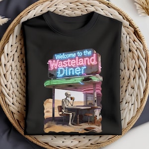 Desert Diner Skeleton Coffee T-Shirt, Retro Neon Post-Apocalyptic  Graphic Tee, Vintage Sci-Fi , Americana Style