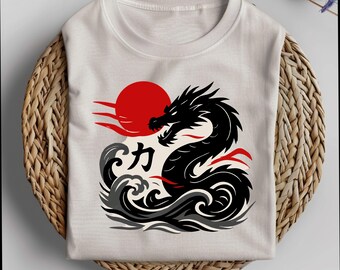 Japanisches Drachen-T-Shirt, rote Sonne im asiatischen Stil, Unisex Streetwear