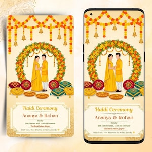 May include: An invitation for a Haldi ceremony, featuring a couple in yellow attire standing before a floral arch. The design includes decorative pillows, floral garlands, and text that reads "Haldi Ceremony Ananya & Rohan".