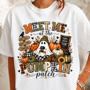 Nos vemos en el huerto de calabazas PNG, Lindo diseño de calabaza fantasma para sublimación de otoño, Camiseta de Halloween de otoño PNG, Imágenes prediseñadas divertidas de la granja
