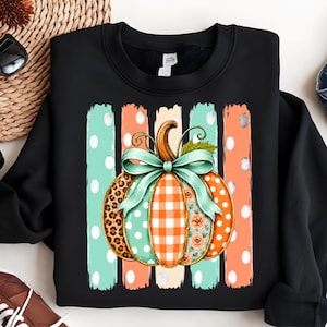 Op de afbeelding: Een zwart sweatshirt met ronde hals en een centrale afbeelding van een pompoen met een lichtblauwe strik. De pompoen heeft segmenten met luipaardprint, stippen, oranje ruitjes en bloemenpatronen, tegen verticale strepen in groenblauw en oranje.