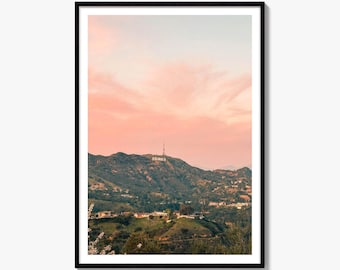 Hollywood Sign Sunset Fine Art Photo Print, Mount Lee Hillside Wall Decor, Pink Sky
