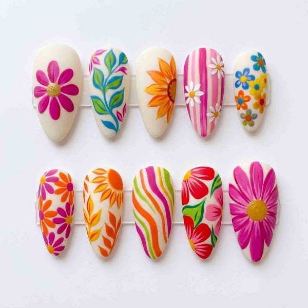Retro Floral Press On Nails | Colorful 70s Flower Power Almond Nails in Pink Orange for Groovy Summer Vibes