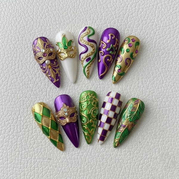 Mardi Gras Press On Nails with Masquerade Mask Gold Details | Long Stiletto Nails in Purple Green Gold for Carnival Look
