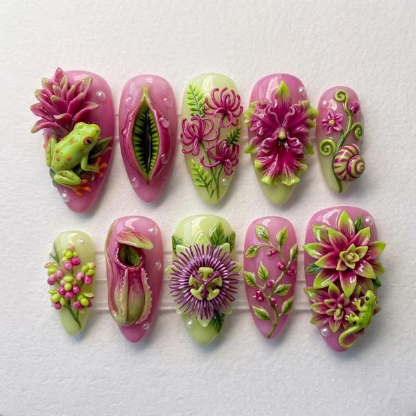Handmade Tropical Botanical Press On Nails - 3D Frog Orchid Carnivorous Plant Design - Almond Nails for Jungle Fantasy Style