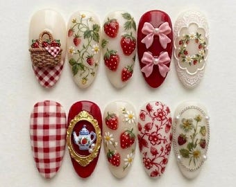 Handmade Sweet Strawberry Press On Nails | 3D Bow Gingham Floral Almond Nails in Cottagecore Red Pink Style for Summer