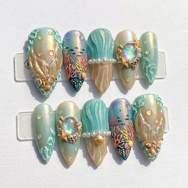 Handmade Mermaid Ocean Press On Nails - 3D Coral, Seashell, Pearl, Iridescent Art, Almond Nails for Coastal Vibes