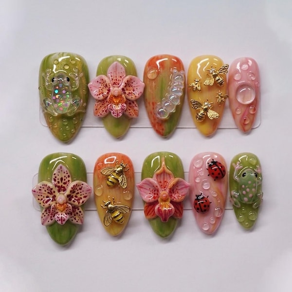 Handmade Frog & Orchid Press On Nails | 3D Garden Insects, Ladybugs, Bees, Worms, Waterdrops, Realistic Sculptures | Almond Stiletto Shape