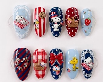 Handmade Patriotic Picnic Press On Nails - Americana Red Blue Nail Art - Almond Nails for Summer Holiday Vibes