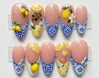 Handmade Mediterranean Lemon Press On Nails - 3D Citrus, Blue Tile French Tips, Olive Art - Almond Nails for Summer Vibes